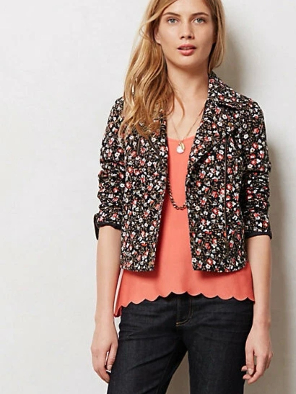 Anthropologie Hei Hei Black Floral Cropped Moto Jacket with Coral Accents
